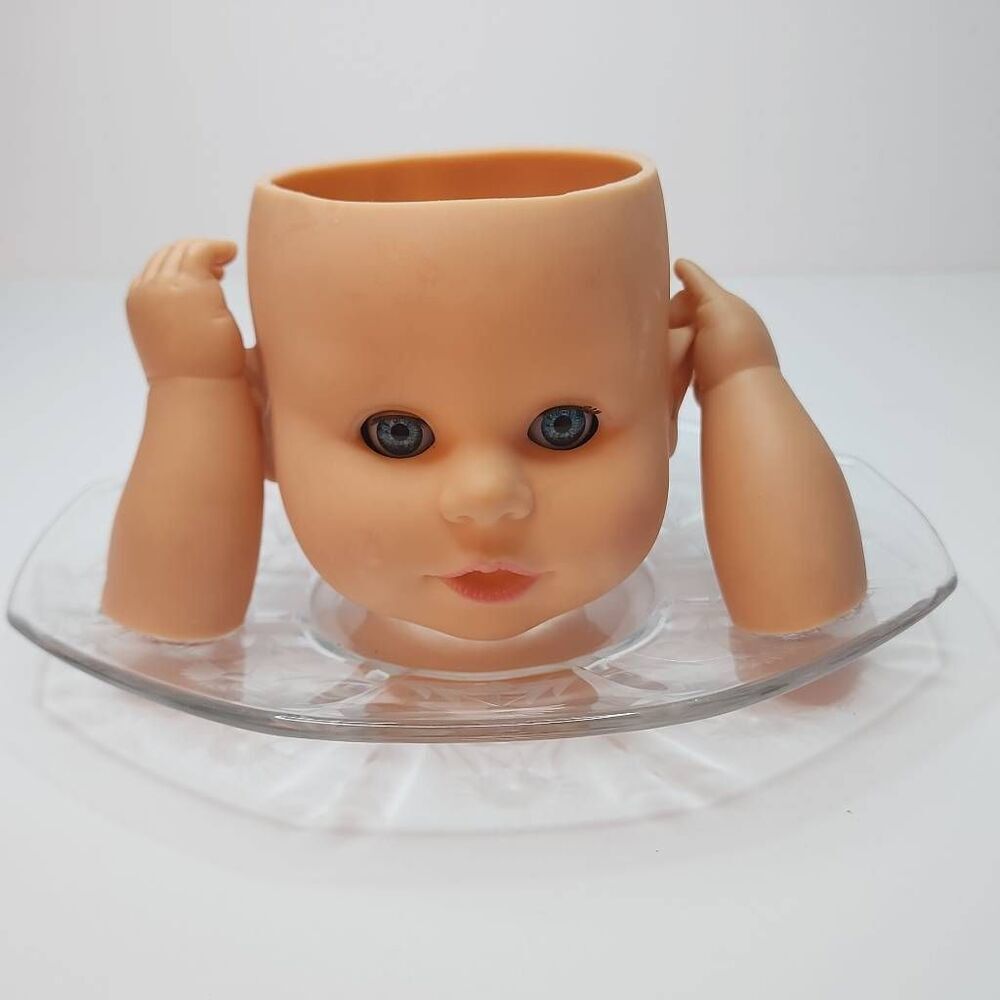 Handmade by Me Dollhead Planter Hear No Evil on a Glass Plate
